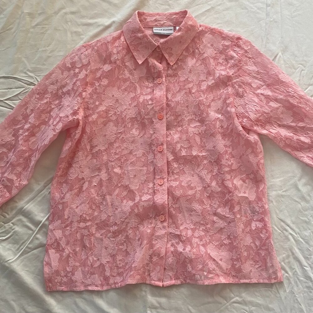 Alfred Dunner Pink Lace Floral Patterned Collar Button-Up